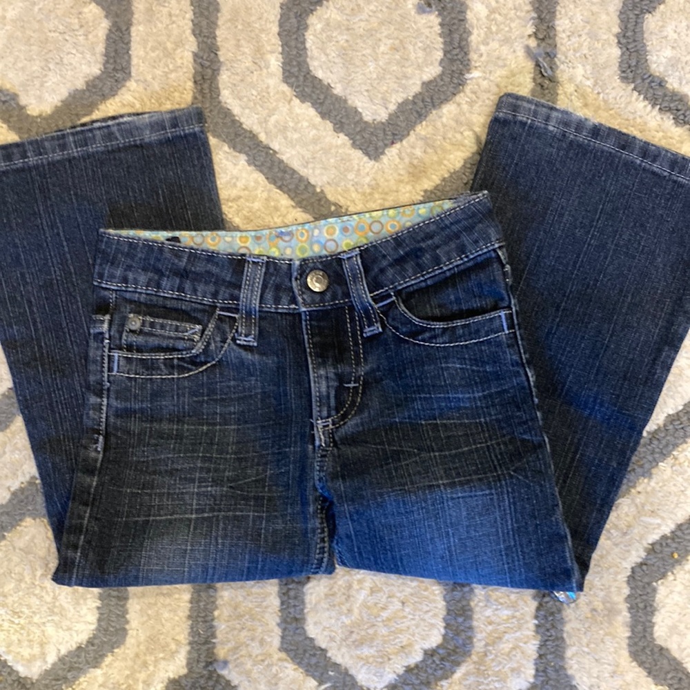 Girls jeans, white stitching, flare leg size 5